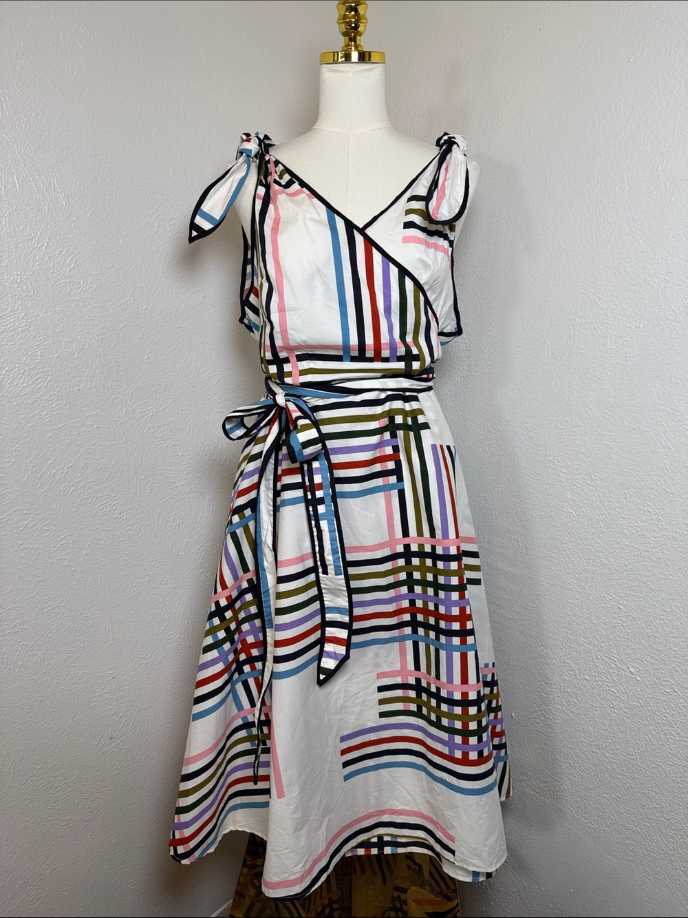Eloquii White Multi-Striped Tie-Shoulder Wrap Midi Dress